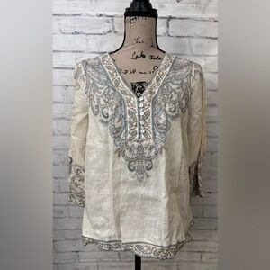 J. Jill Love Linen Petite S Ornate Paisley Tunic Top Elegant Feminine Girly